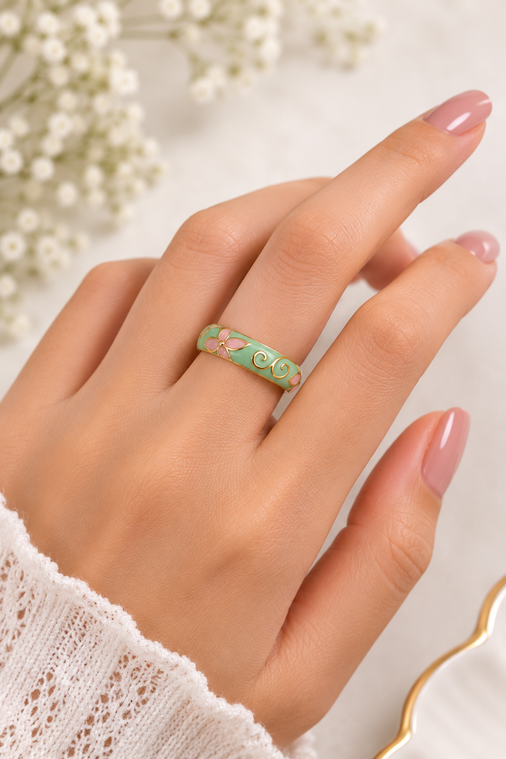 Women's Gold Plated Mint Green Enamel Ring | Twisted Diagonal Spiral Design Finger Ring | Elegant Fashion Jewelry for Women & Girls