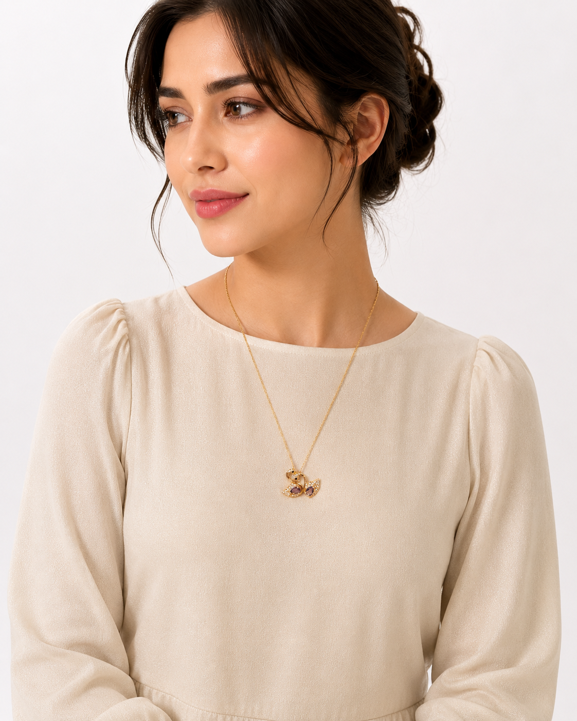 Fasssions Gold-Tone Swan Pendant Necklace for Women with Lavender Crystal Stones | Elegant Swan Charm | Adjustable Chain Fashion Jewelry