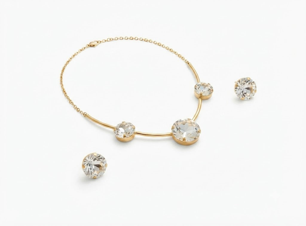 Fasssions Gold-Plated Crystal Necklace and Stud Earrings Set for Women | Round Cubic Zirconia Jewelry Set | Elegant Party, Wedding & Bridal Jewelry Gift