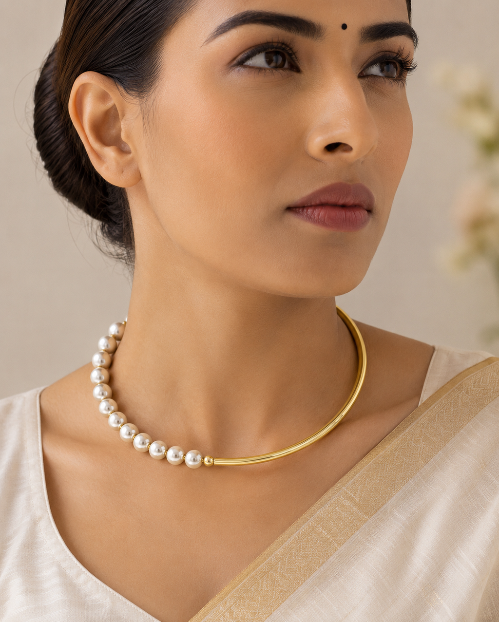 Fasssions Women's Gold Plated Half Pearl Collar Necklace | Elegant Asymmetrical Choker Necklace | Contemporary Fashion Jewelry for Women & Girls