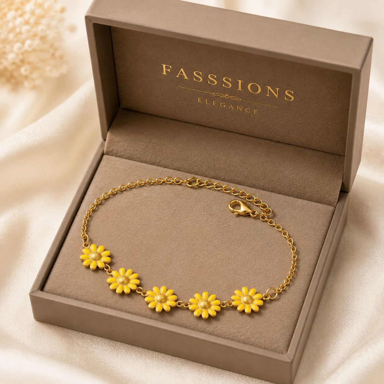 Fasssions Gold Plated Yellow Daisy Flower Anklet for Women & Girls | Adjustable Chain Anklet | Floral Charm Ankle Bracelet