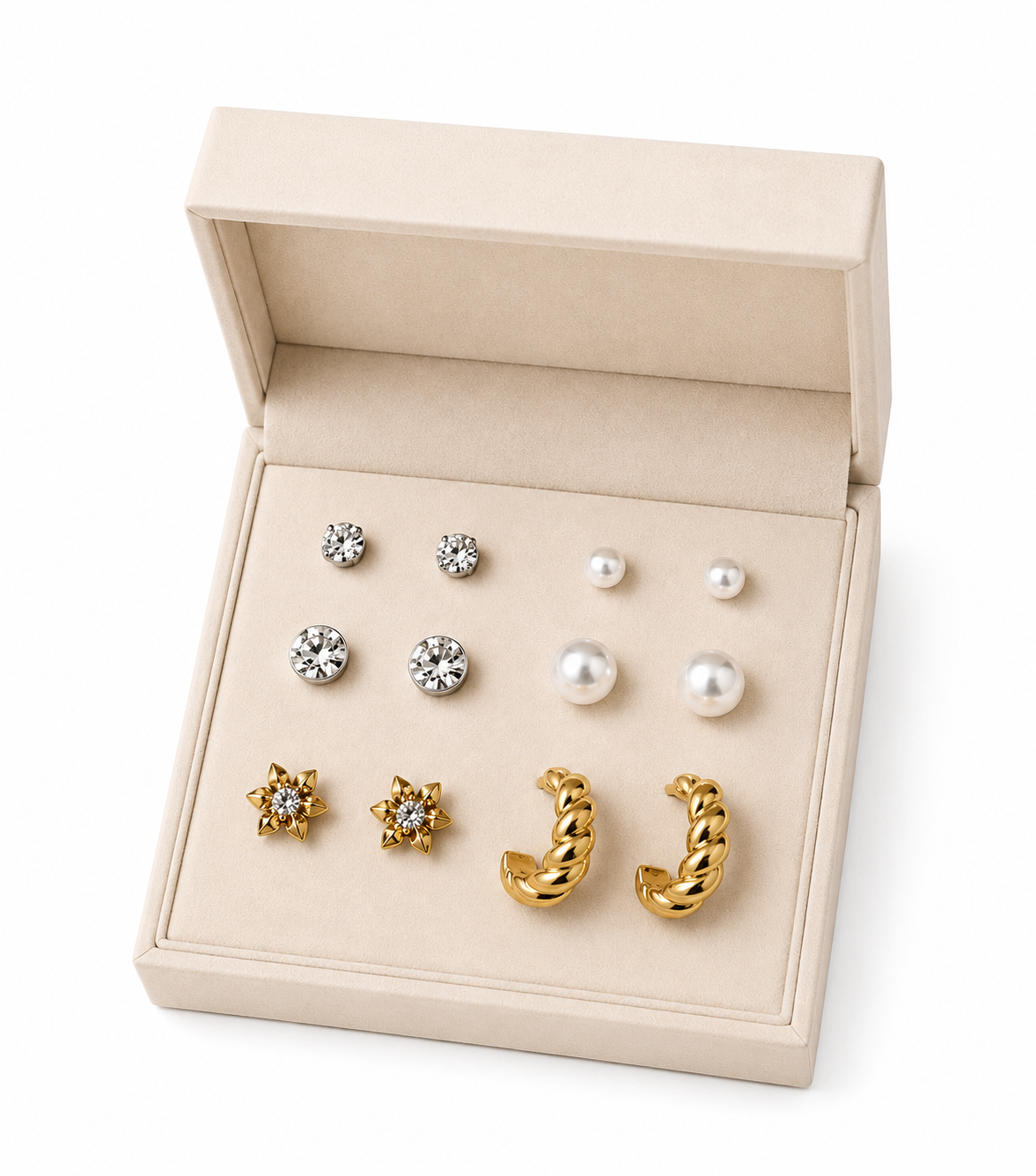 6 Pair Earring Combo Set for Women & Girls | Crystal Studs, Pearl Earrings, Floral Crystal Studs & Twisted Gold Hoop Earrings | Elegant Korean Style