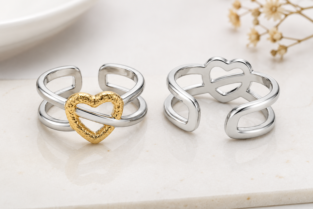 Fasssions Women's Two-Tone Heart Open Ring | Gold & Silver Adjustable Double Band Ring | Elegant Fashion Ring for Women & Girls