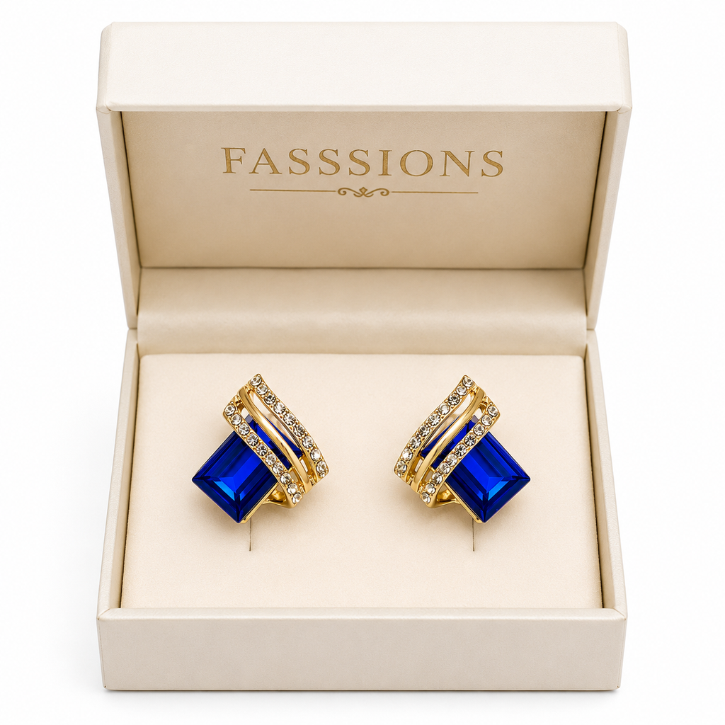FASSSIONS Blue Crystal Stud Earrings for Women | Gold Plated Geometric Square Earrings | Korean Style Rhinestone Statement Earrings