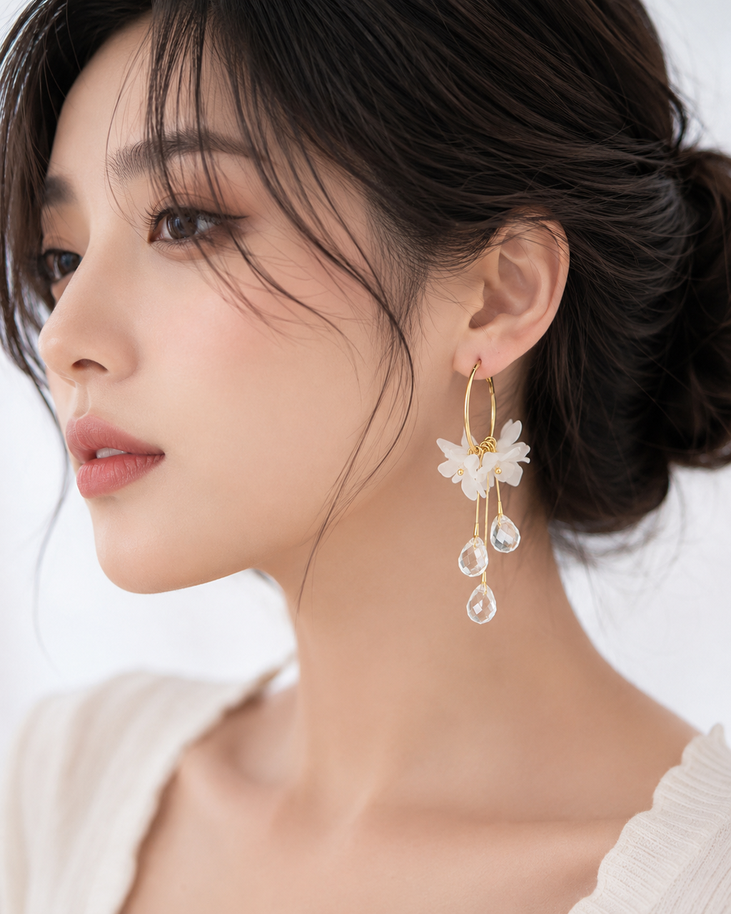 FASSSIONS Korean White Floral Crystal Drop Earrings for Women | Gold-Plated Hoop Dangle Earrings | Elegant Flower Earrings with Crystal Charms