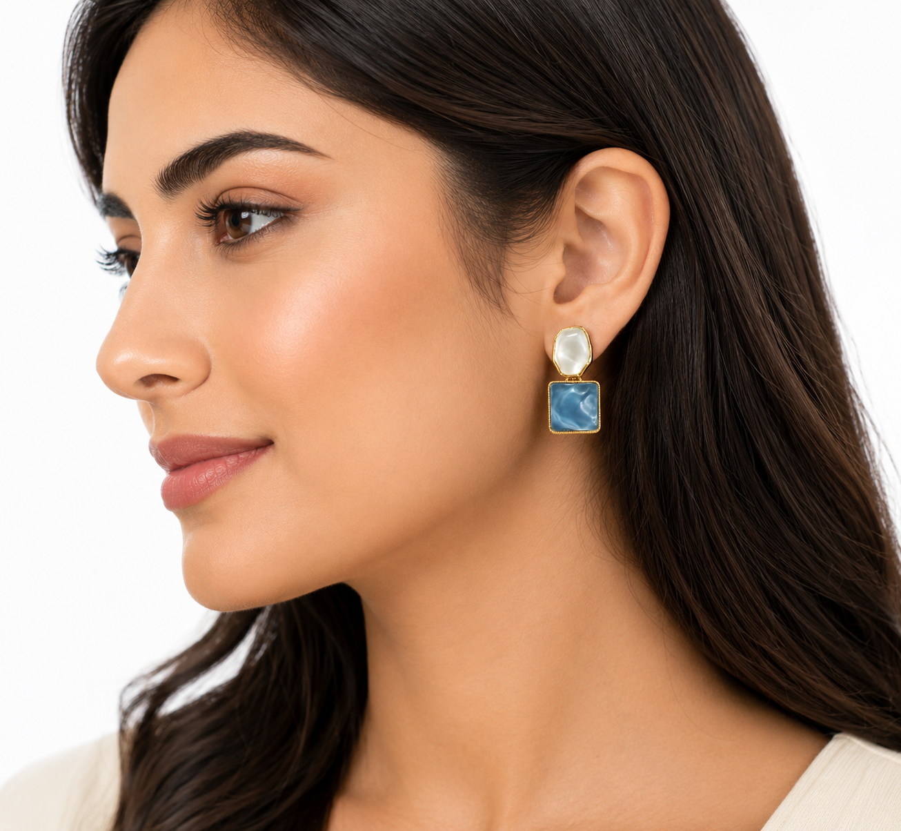 FASSSIONS Korean Blue & White Geometric Drop Earrings for Women | Gold Plated Statement Earrings | Lightweight Fashion Jewelry
