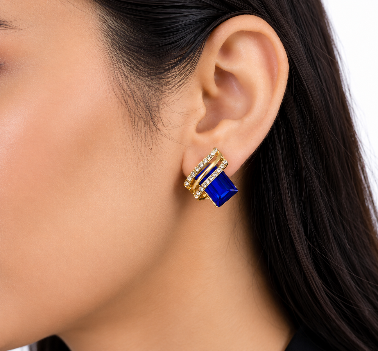 FASSSIONS Blue Crystal Stud Earrings for Women | Gold Plated Geometric Square Earrings | Korean Style Rhinestone Statement Earrings