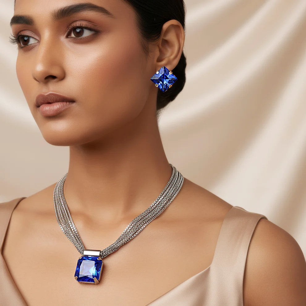 Fasssions Silver-Plated Blue Crystal Pendant Necklace for Women | Multi-Strand Chain with Square Cubic Zirconia Pendant | Elegant Jewelry Set for Party, Wedding & Daily Wear