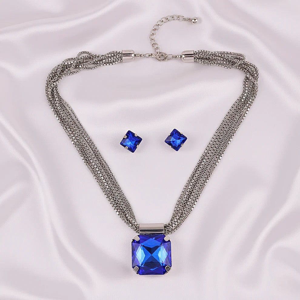 Fasssions Silver-Plated Blue Crystal Pendant Necklace for Women | Multi-Strand Chain with Square Cubic Zirconia Pendant | Elegant Jewelry Set for Party, Wedding & Daily Wear