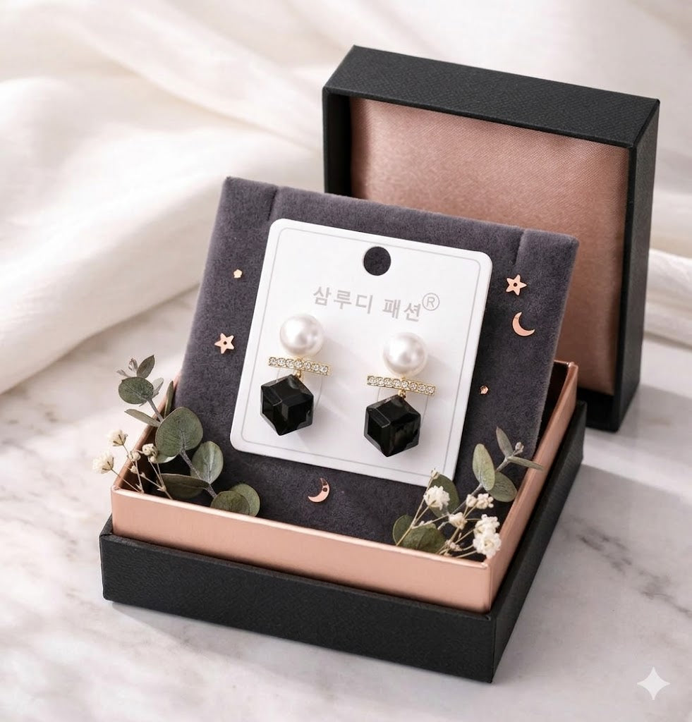 Midnight Pearl Cube Drops Earrings