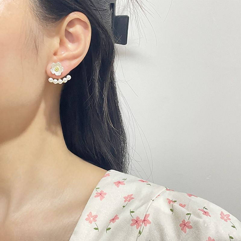 FASSSIONS Floral Pearl Stud Earrings for Women | Gold Plated Flower Earrings with Faux Pearl Jacket | Korean Style Elegant Earrings
