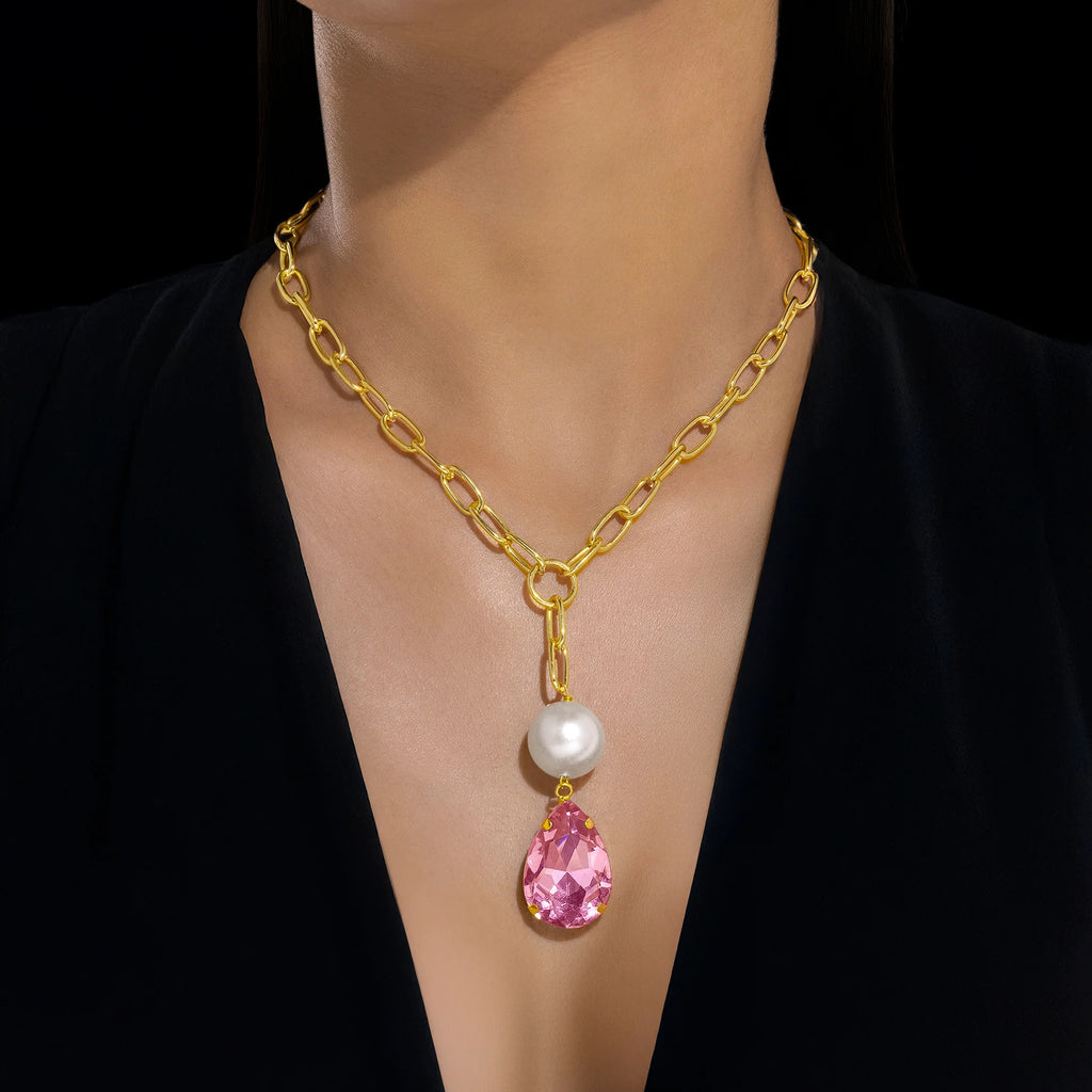 FASSSIONS Gold-Tone Pearl & Pink Crystal Drop Pendant Necklace for Women | Chunky Link Chain | Elegant Fashion Jewelry Gift
