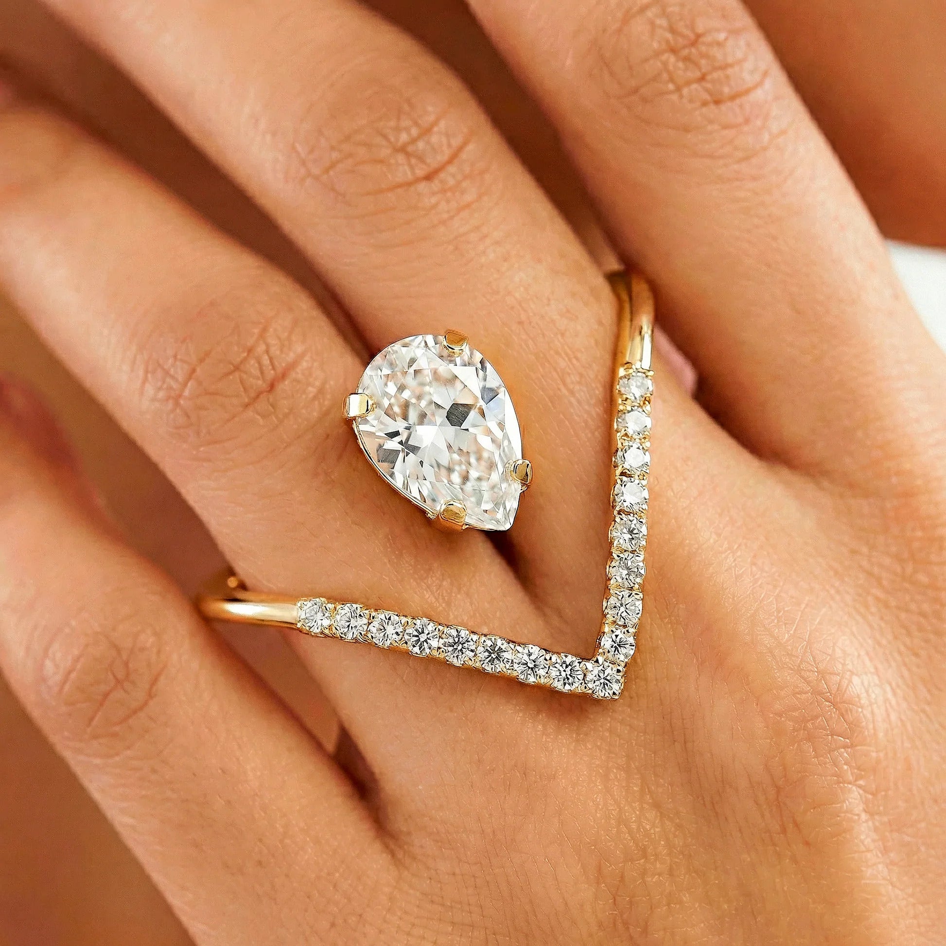 Fasssions Gold Plated Pear Cut Crystal Adjustable Ring for Women & Girls | Open V Design CZ Diamond Statement Ring | Elegant Cocktail Ring