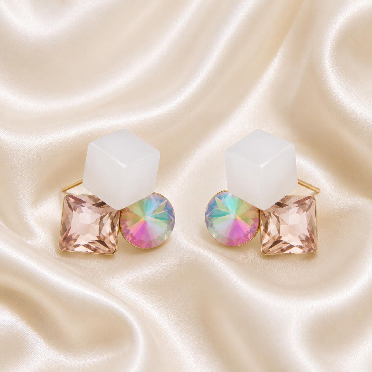 Geometric Tri-Color Crystal Stud Earrings for Women | Korean Style Square & Iridescent Stone Earrings | Elegant Gold-Tone Fashion Jewelry