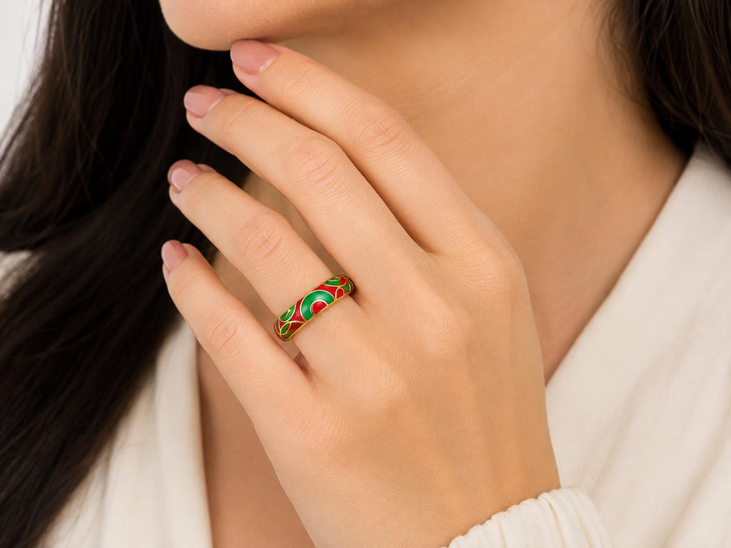 Green Enamel Ring for Women | Gold Tone Floral Flower Design Finger Ring | Pink Floral Designer Ring for Women & Girls | Traditional Ethnic Fashion Jewellery