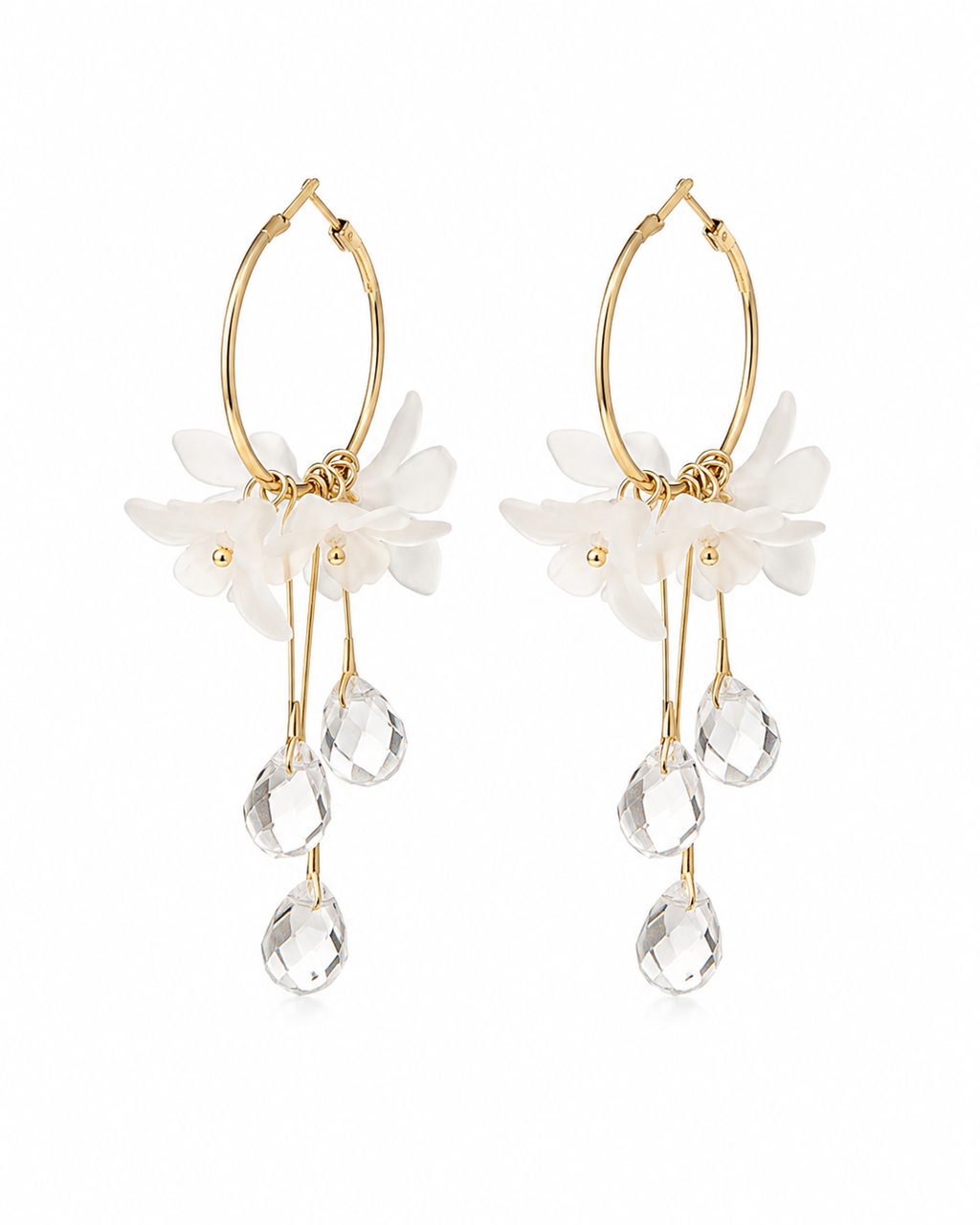 FASSSIONS Korean White Floral Crystal Drop Earrings for Women | Gold-Plated Hoop Dangle Earrings | Elegant Flower Earrings with Crystal Charms
