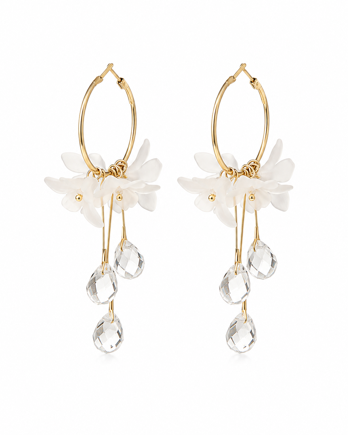 FASSSIONS Korean White Floral Crystal Drop Earrings for Women | Gold-Plated Hoop Dangle Earrings | Elegant Flower Earrings with Crystal Charms