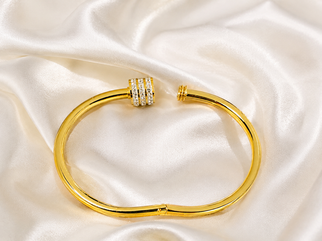 Elegant Gold-Plated Open Cuff Bracelet for Women with Crystal Studded Accent | Adjustable Fashion Bangle for Daily, Party & Wedding
