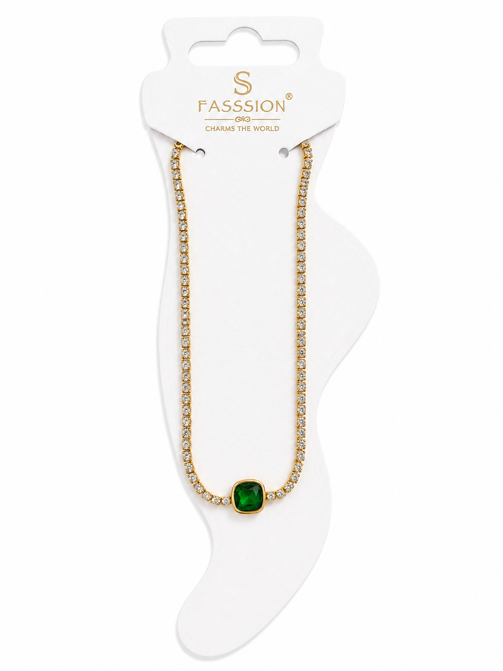 FASSSSION Gold-Plated Crystal Anklet for Women | Green Emerald-Cut Stone Tennis Anklet | Elegant Adjustable Ankle Bracelet for Daily Wear