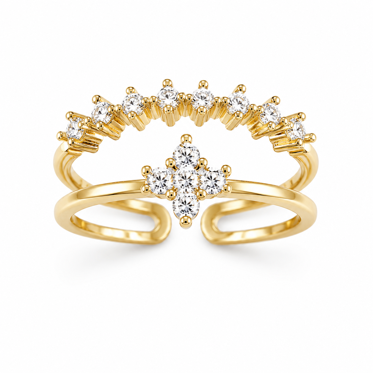 FASSSIONS Gold Plated Adjustable Floral CZ Ring for Women | Crystal Open Finger Ring | Korean Style Fashion Jewelry | Adjustable Size