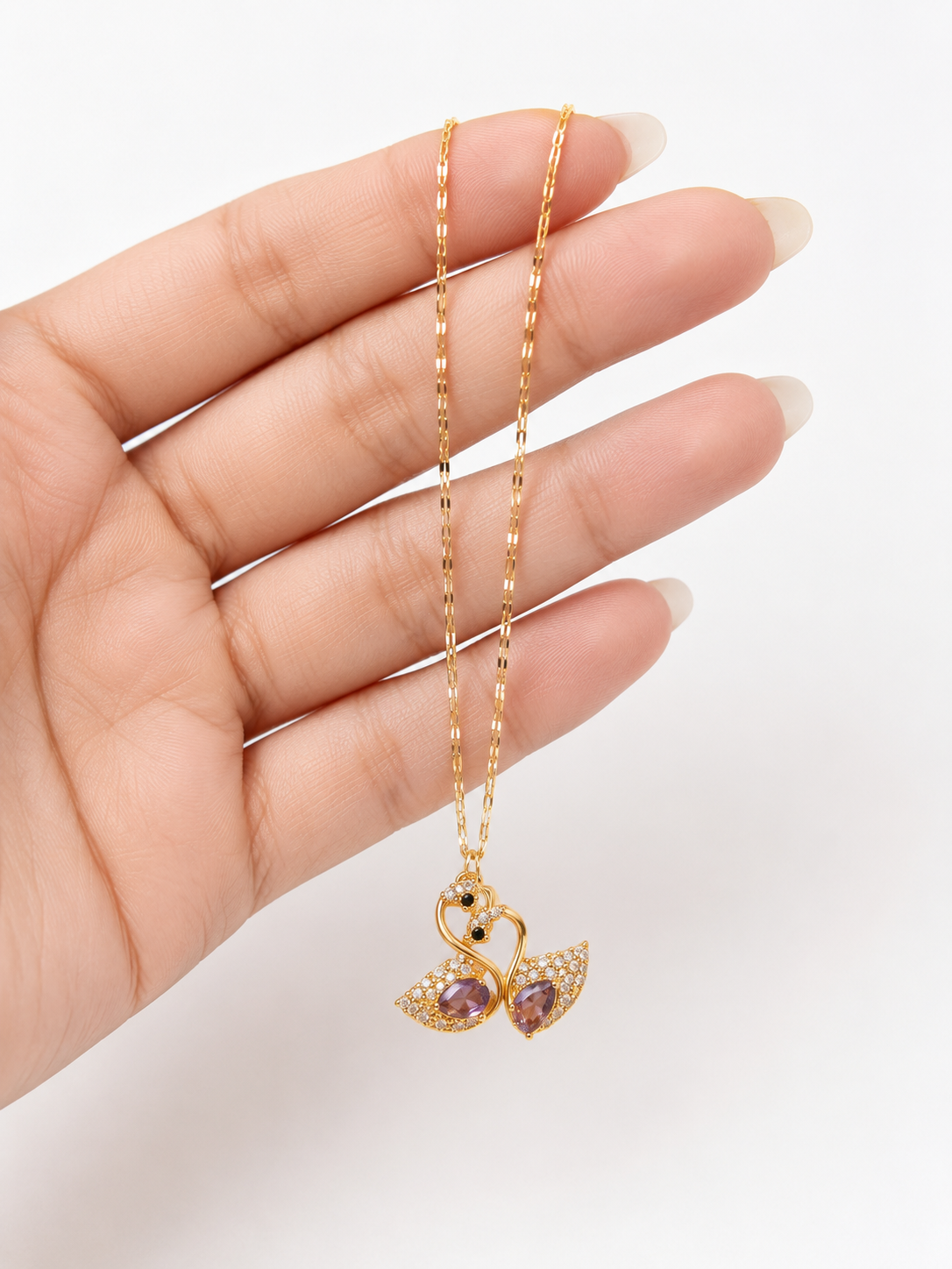 Fasssions Gold-Tone Swan Pendant Necklace for Women with Lavender Crystal Stones | Elegant Swan Charm | Adjustable Chain Fashion Jewelry