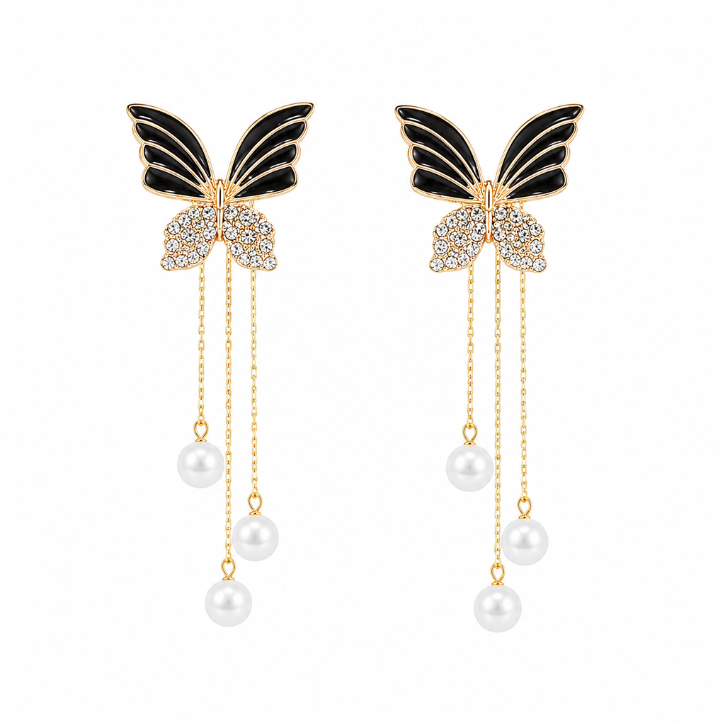 FASSSIONS Butterfly Pearl Tassel Earrings for Women | Korean Style Black Enamel & Rhinestone Butterfly Long Drop Earrings | Gold Plated Fashion Statement Jewelry for Party, Wedding & Festive Wear