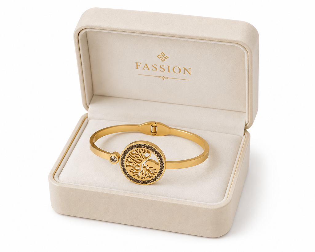 FASSION Tree of Life Gold-Plated Bracelet for Women | Crystal Studded Adjustable Cuff Bangle | Elegant Fashion Jewelry