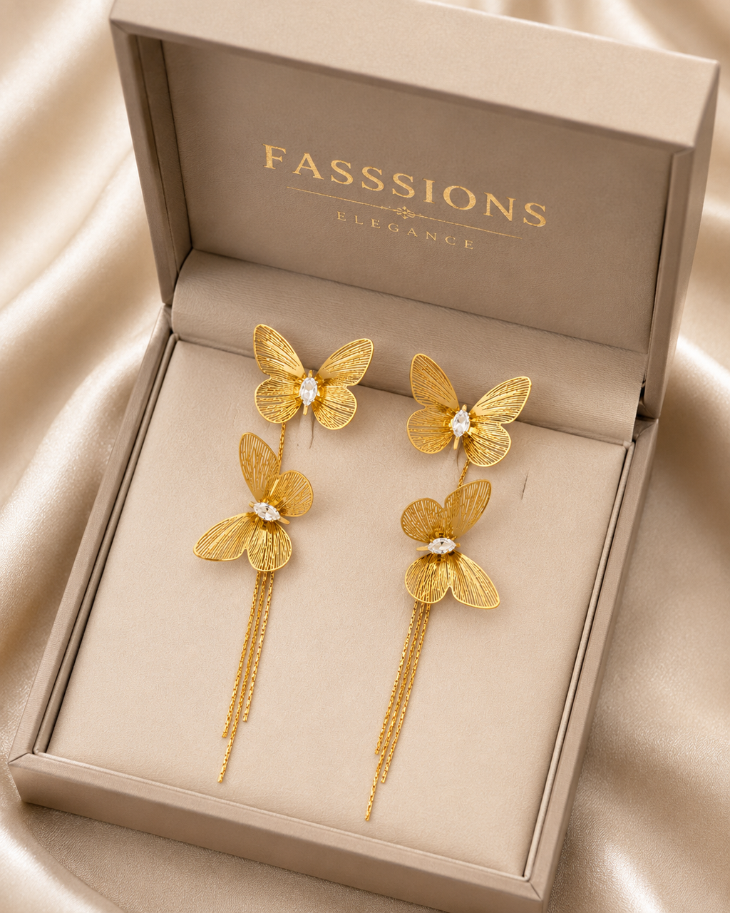 Perfect for Every FASSSIONS Korean Gold Butterfly Drop Earrings for Women | Double Butterfly Tassel Dangle Earrings with Crystal Stone | Lightweight Statement Party Earrings