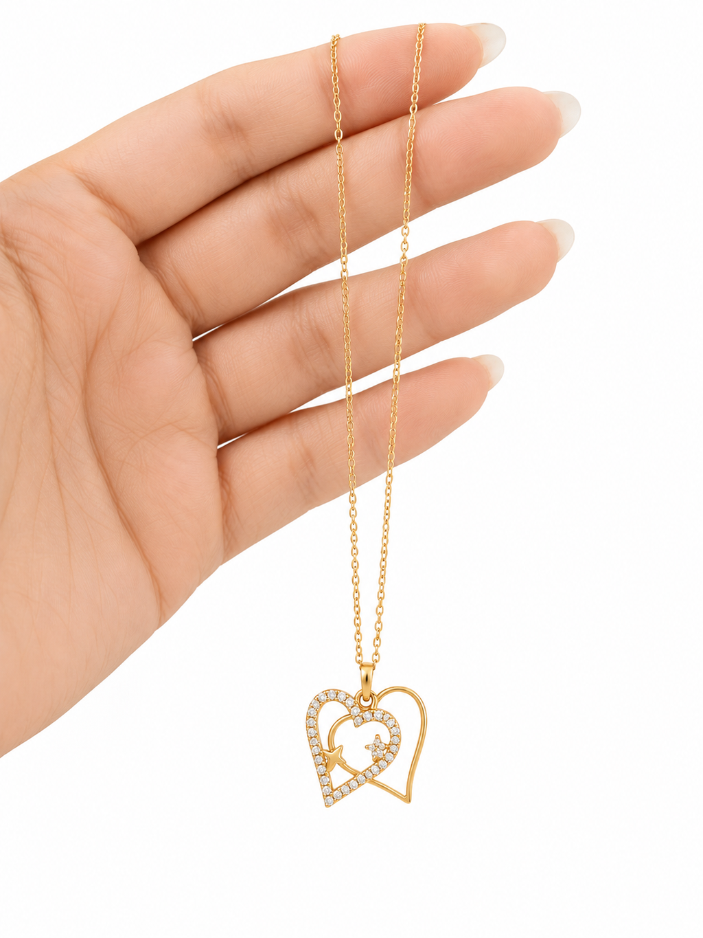 SERENAIRE Gold-Plated Double Heart Pendant Necklace for Women | Cubic Zirconia Heart Chain | Elegant Fashion Jewelry