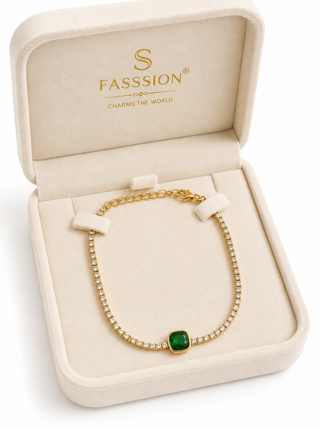 FASSSSION Gold-Plated Crystal Anklet for Women | Green Emerald-Cut Stone Tennis Anklet | Elegant Adjustable Ankle Bracelet for Daily Wear
