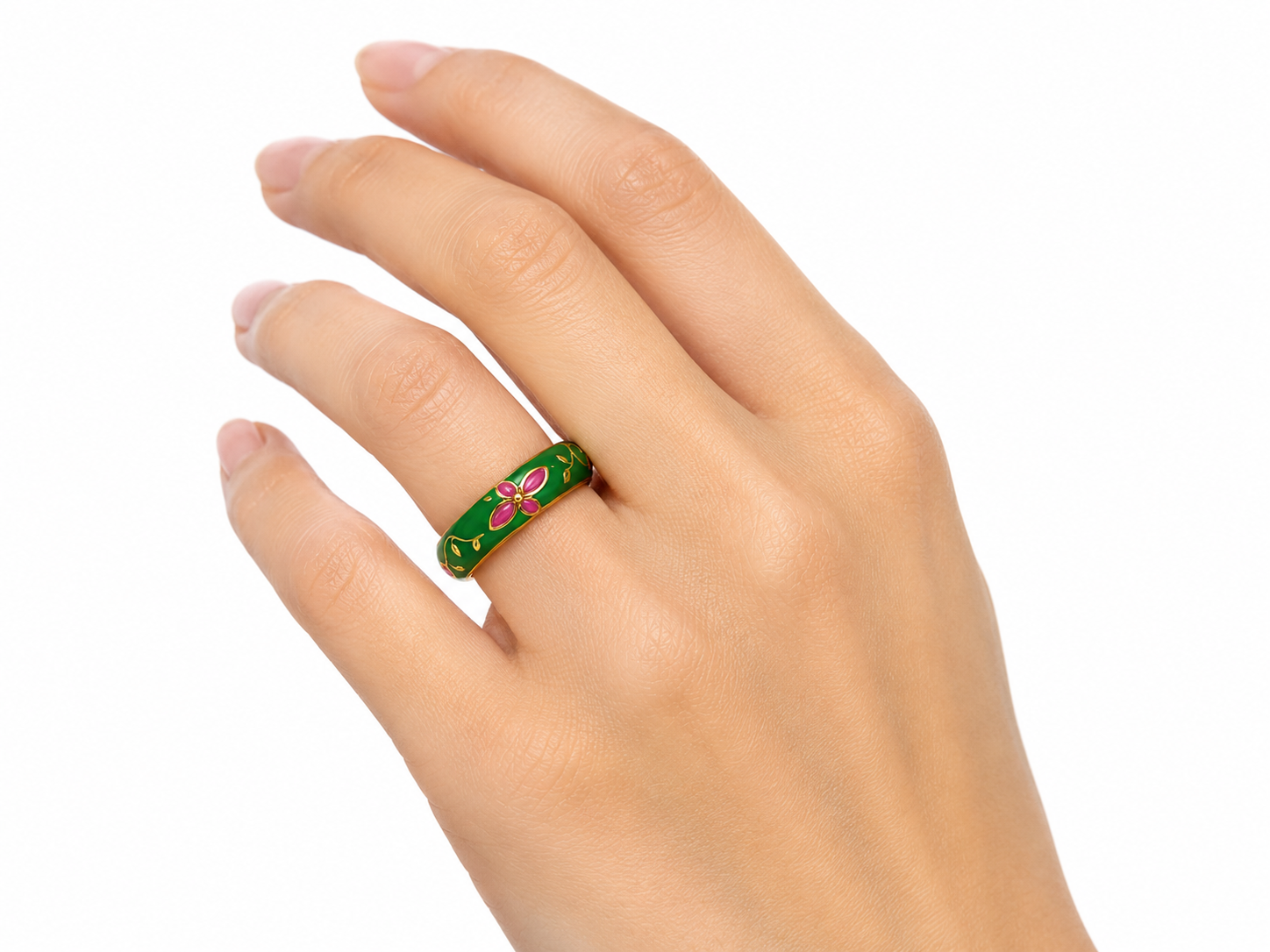 Green Enamel Ring for Women | Gold Tone Floral Flower Design Finger Ring | Pink Floral Designer Ring for Women & Girls | Traditional Ethnic Fashion Jewellery