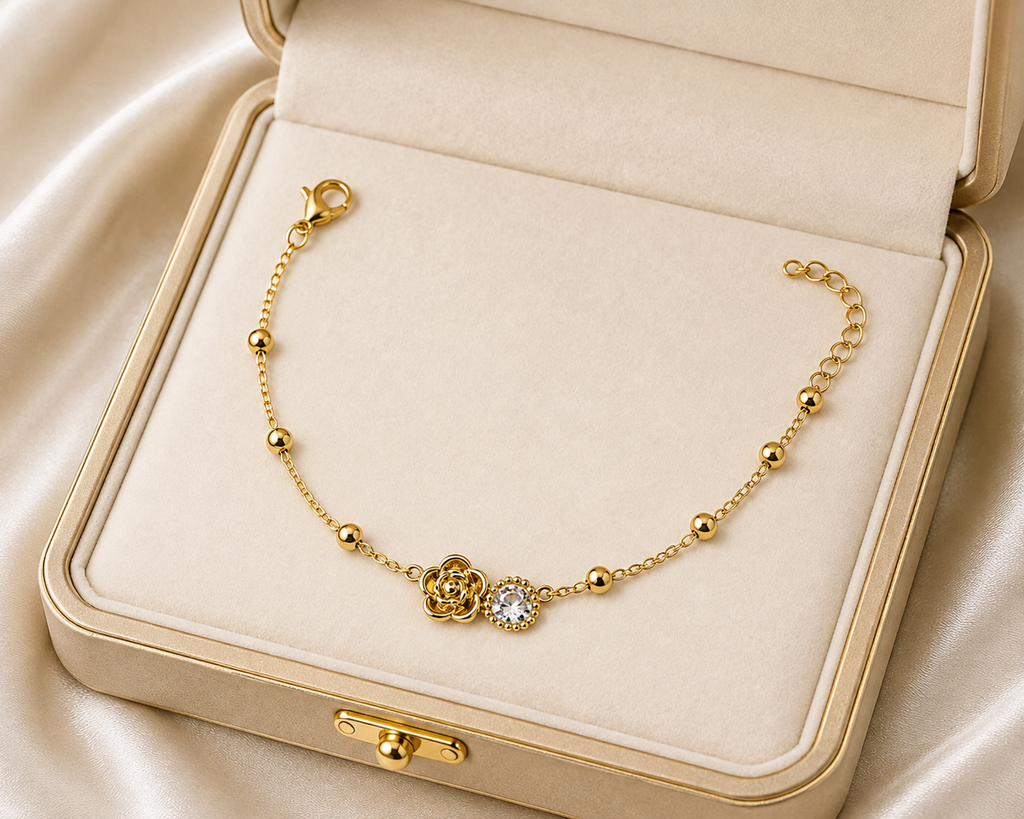 Gold Plated Rose Flower Anklet for Women | Crystal Charm Adjustable Ankle Bracelet | Elegant Beaded Anklet for Girls & Women
