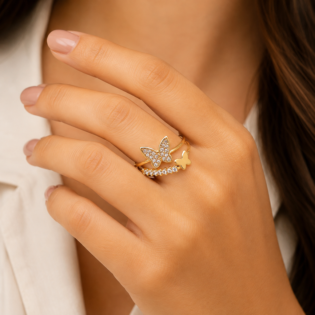Women's Adjustable Gold Plated Butterfly Cubic Zirconia Ring | Open Band Crystal Finger Ring | Elegant Fashion Jewelry for Girls & Women