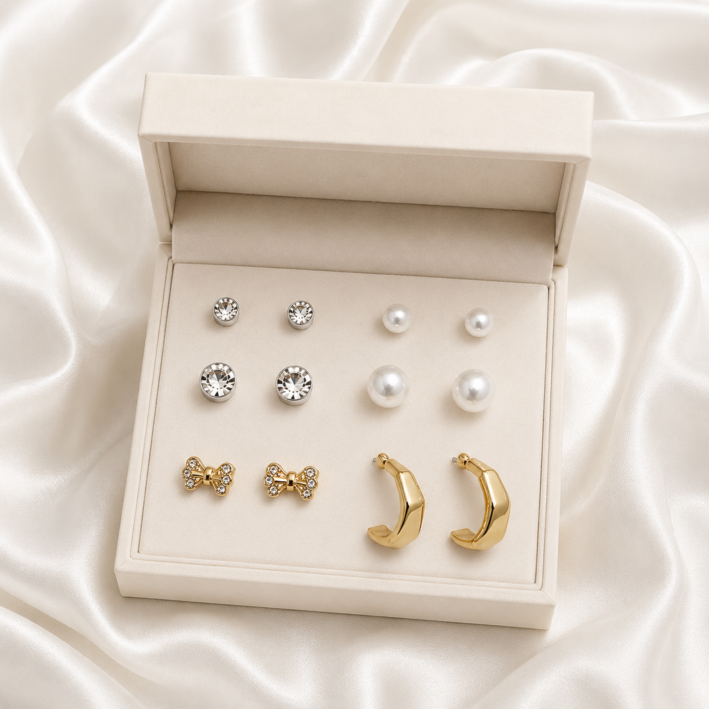 Earring Combo Set of 6 for Women & Girls | Crystal Studs, Pearl Earrings, Bow Crystal Studs & Chunky Gold Hoop Earrings | Korean Style Fashion Jewelry Collection