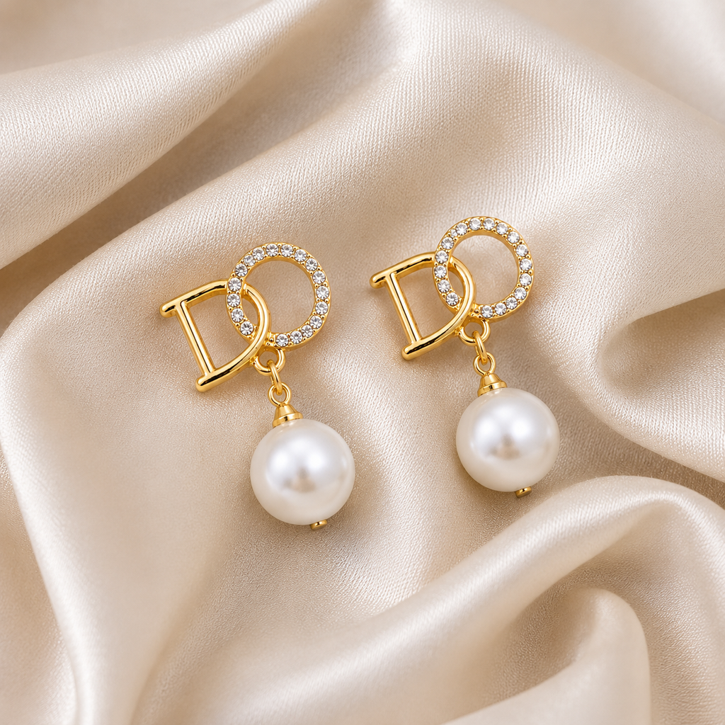 FASSSIONS Butterfly Pearl Tassel Earrings for Women | KoFASSSIONS Gold Plated Pearl Drop Earrings for Women | Korean Style Rhinestone Letter Design Stud Earrings