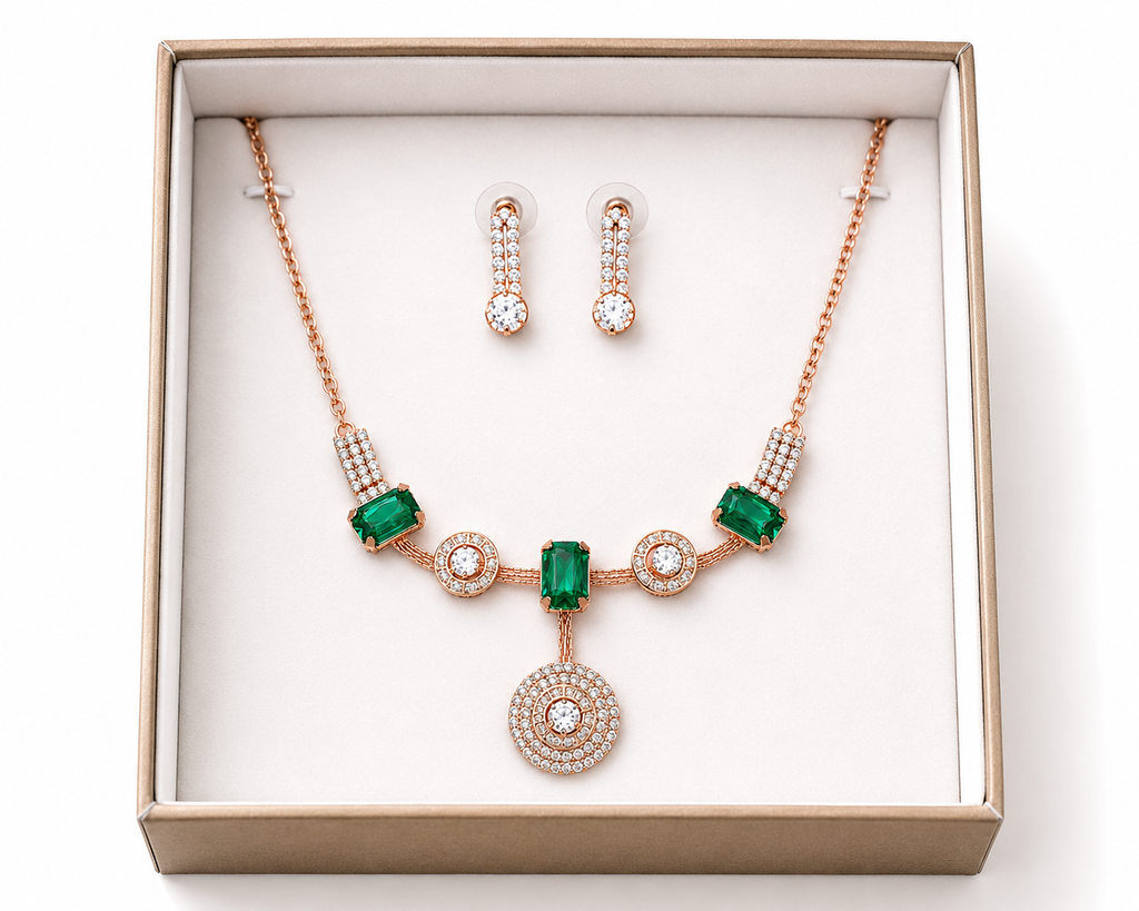 FASSSIONS Rose Gold Plated Emerald Green Crystal Necklace Set for Women | Premium CZ Diamond Pendant Necklace with Matching Earrings