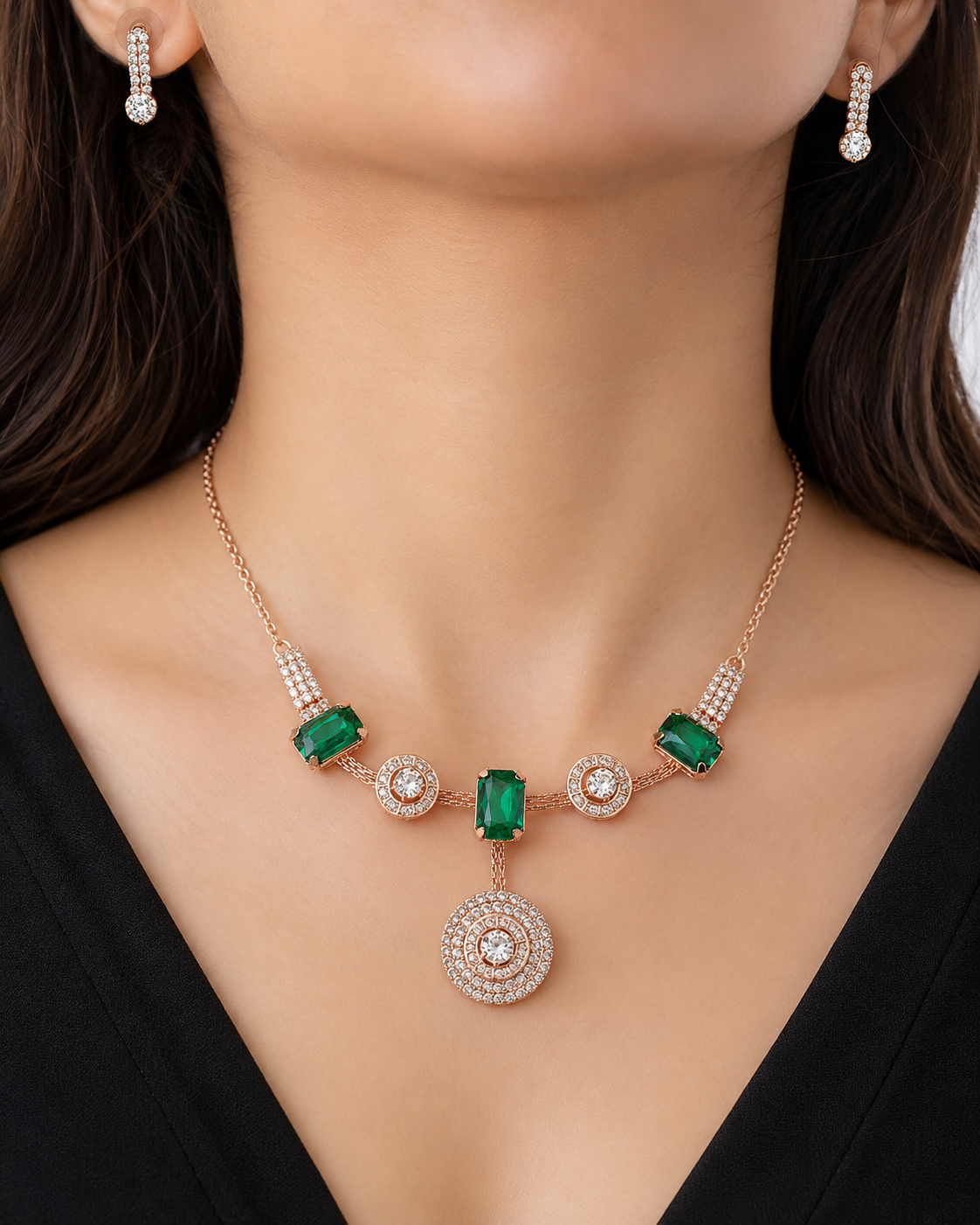 FASSSIONS Rose Gold Plated Emerald Green Crystal Necklace Set for Women | Premium CZ Diamond Pendant Necklace with Matching Earrings
