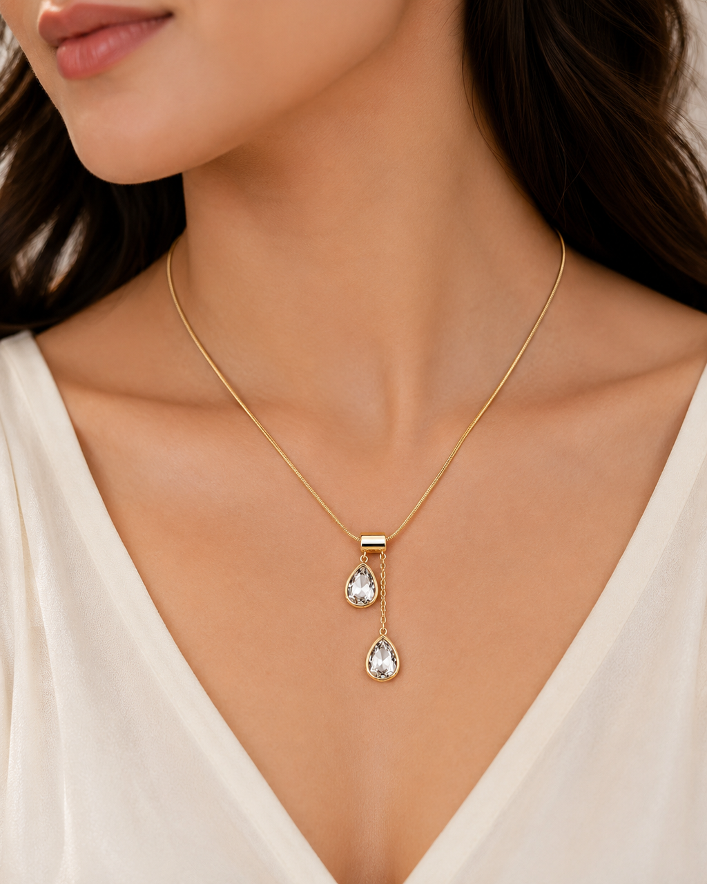 FASSSIONS Gold Plated Crystal Drop Necklace for Women | Elegant Teardrop Pendant Long Chain Necklace for Girls | Stylish Party & Daily Wear Jewellery