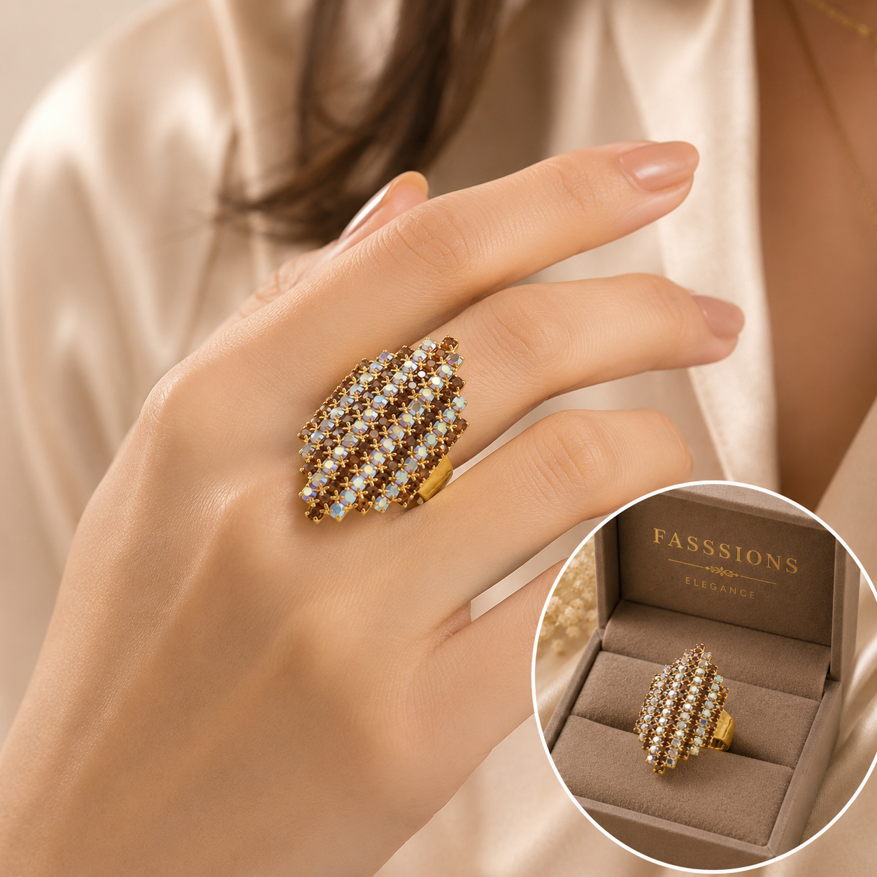 Fasssions Gold Plated Crystal Statement Ring for Women & Girls | Adjustable Cocktail Ring | Sparkling Rhinestone Fashion Ring | Party Wear Finger Ring