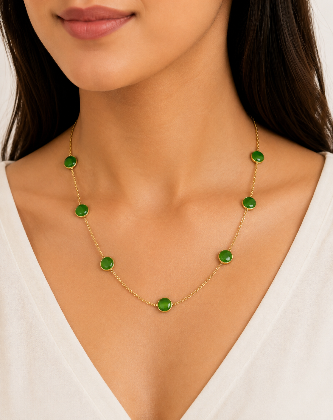 FASSSIONS Green Stone Gold Plated Long Necklace for Women | Elegant Round Green Bead Chain Necklace | Trendy Statement Jewellery for Girls | Party & Daily Wear