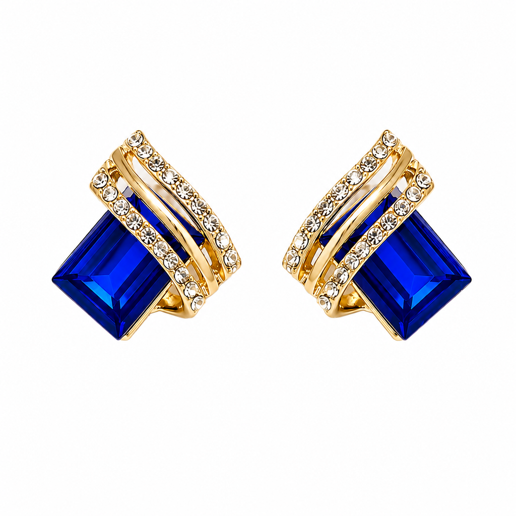 FASSSIONS Blue Crystal Stud Earrings for Women | Gold Plated Geometric Square Earrings | Korean Style Rhinestone Statement Earrings