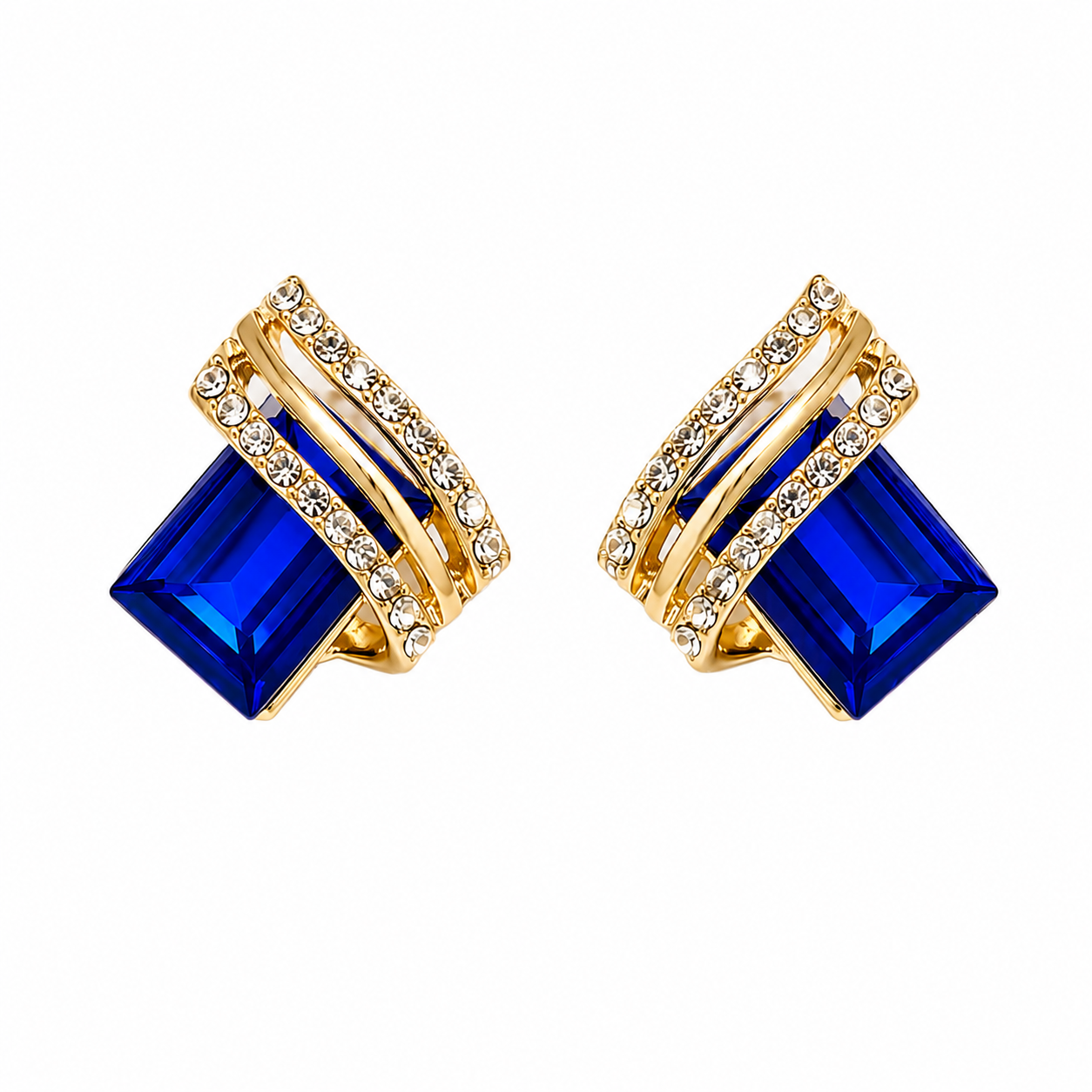 FASSSIONS Blue Crystal Stud Earrings for Women | Gold Plated Geometric Square Earrings | Korean Style Rhinestone Statement Earrings