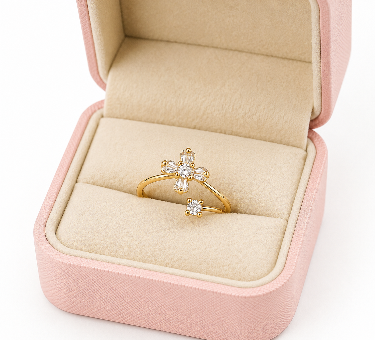 FASSSIONS Gold Plated Adjustable Floral CZ Ring for Women | Crystal Open Finger Ring | Korean Style Fashion Jewelry | Adjustable Size