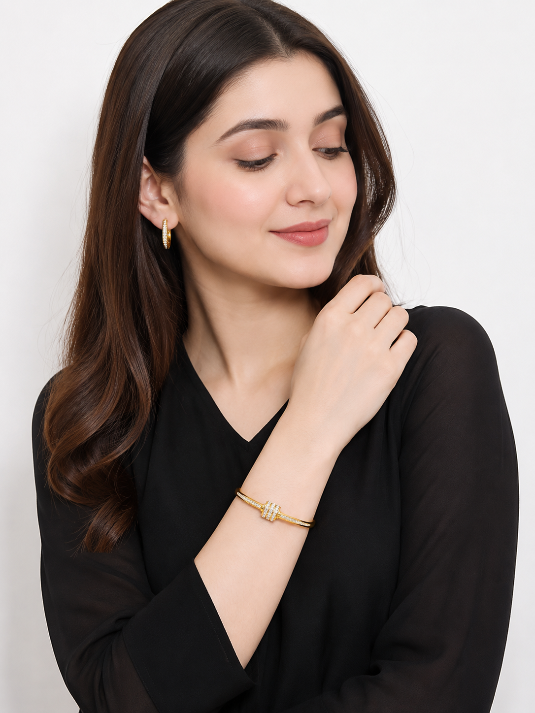 Elegant Gold-Plated Open Cuff Bracelet for Women with Crystal Studded Accent | Adjustable Fashion Bangle for Daily, Party & Wedding
