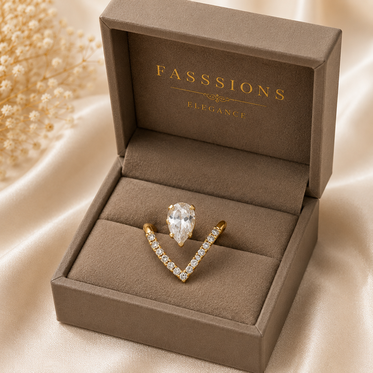 Fasssions Gold Plated Pear Cut Crystal Adjustable Ring for Women & Girls | Open V Design CZ Diamond Statement Ring | Elegant Cocktail Ring