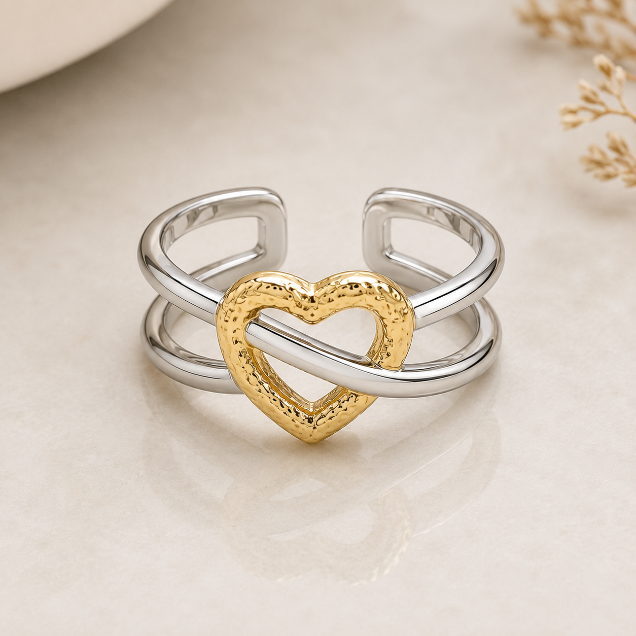 Fasssions Women's Two-Tone Heart Open Ring | Gold & Silver Adjustable Double Band Ring | Elegant Fashion Ring for Women & Girls
