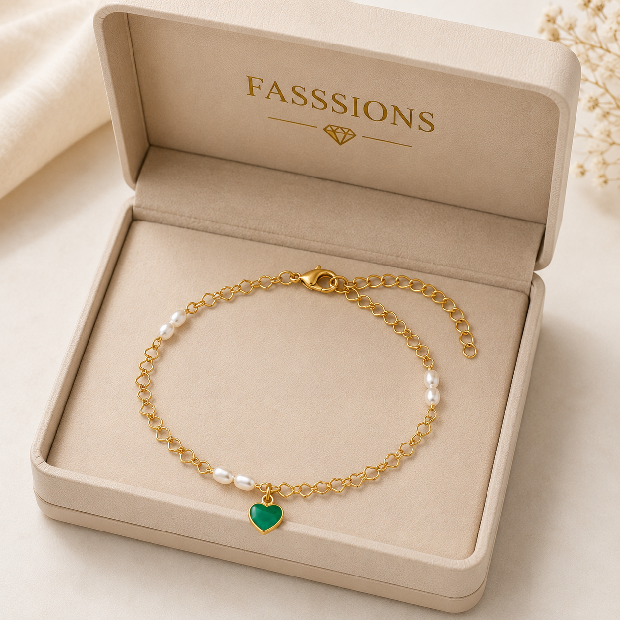 Fasssions Women's Gold Plated Heart Charm Anklet with Pearl Accents | Adjustable Delicate Chain Anklet | Elegant Fashion Foot Jewelry for Women & Girls