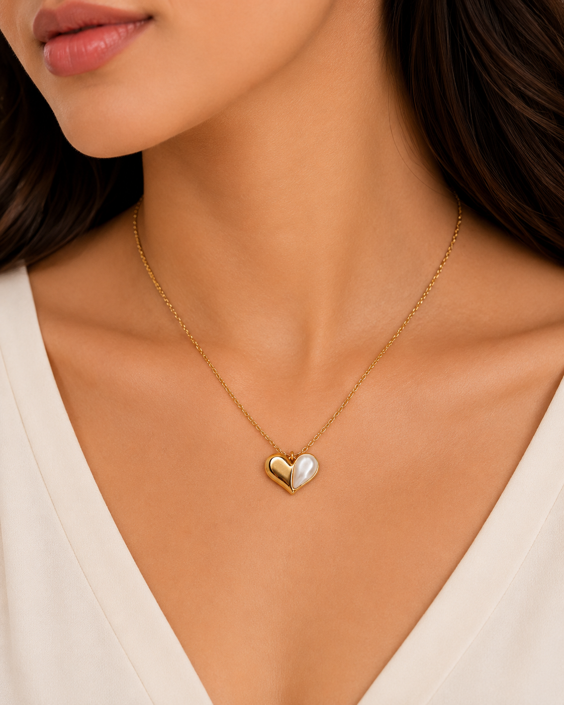 FASSSIONS Gold Plated Heart Pendant Necklace for Women | Two Tone Gold & Pearl Heart Charm Chain | Elegant Love Necklace for Girls | Party & Daily Wear Jewellery