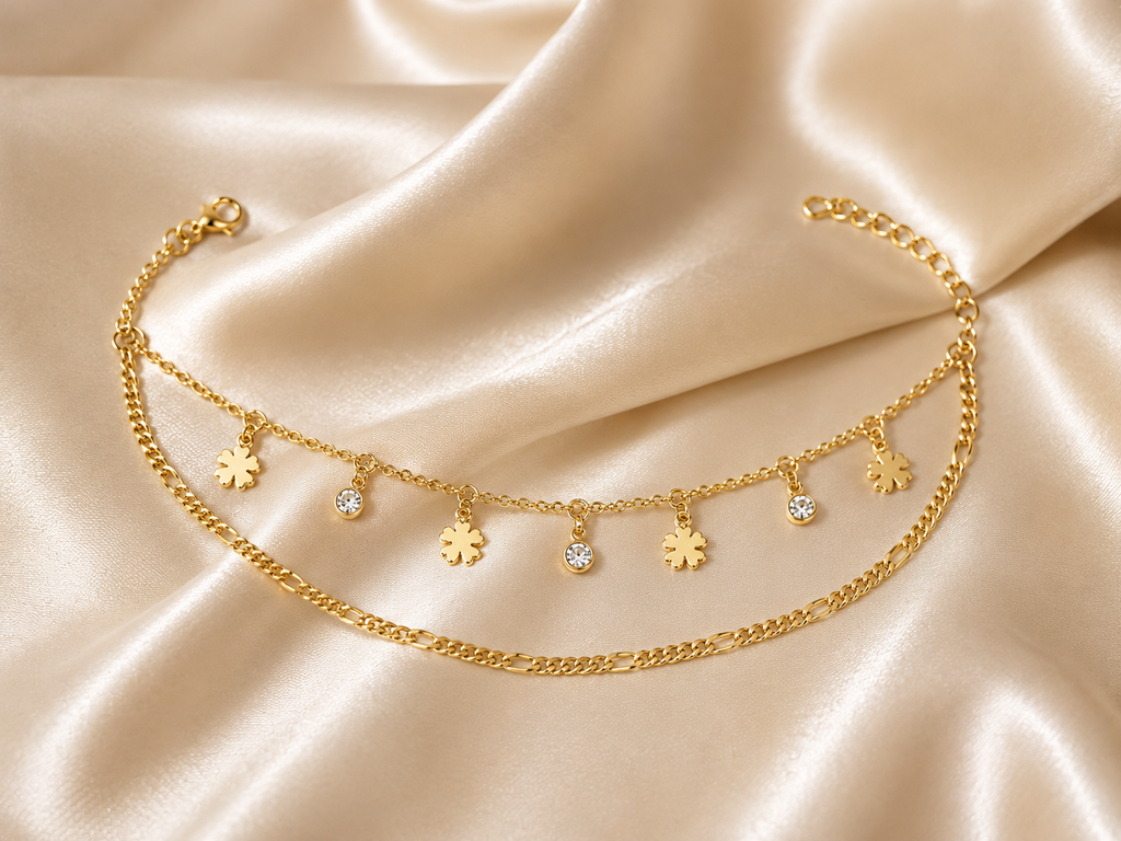 Women's Gold Plated Double Layer Charm Anklet | Crystal & Floral Charm Adjustable Ankle Bracelet | Dainty Fashion Anklet for Girls & Women