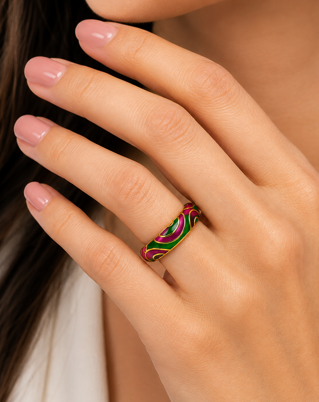Green Enamel Ring for Women | Gold Tone Floral Flower Design Finger Ring | Pink Floral Designer Ring for Women & Girls | Traditional Ethnic Fashion Jewellery